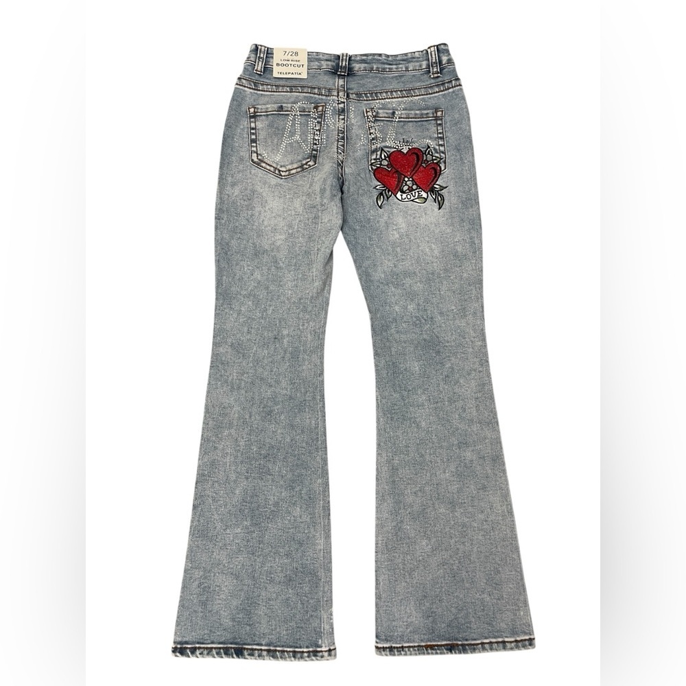 Telepatia Low Rise Bootcut Jeans Angel Rhinestone Red Heart Embroidered size 7